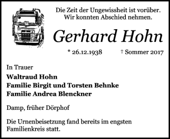 Traueranzeige von Gerhard Hohn von Schlei-Bote