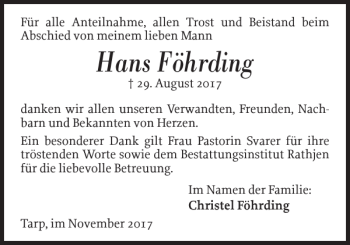 Traueranzeige von Hans Föhrding von Flensburger Tageblatt