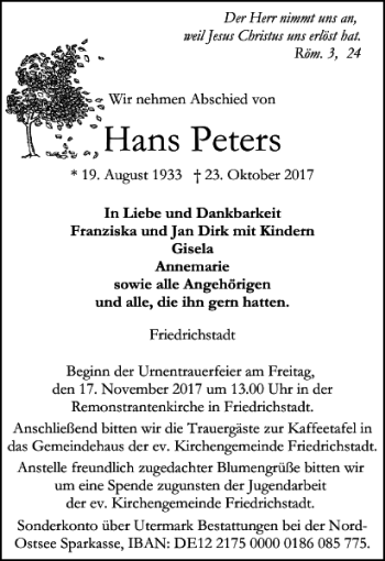 Traueranzeige von Hans Peters von Husumer Nachrichten