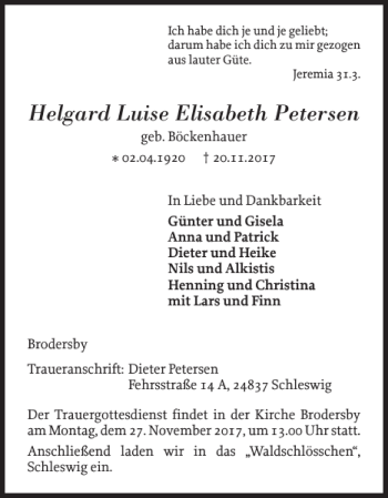 Traueranzeige von Helgard Luise Elisabeth Petersen von Schleswiger Nachrichten