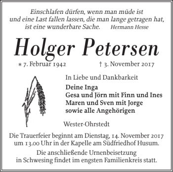 Traueranzeige von Holger Petersen von Husumer Nachrichten