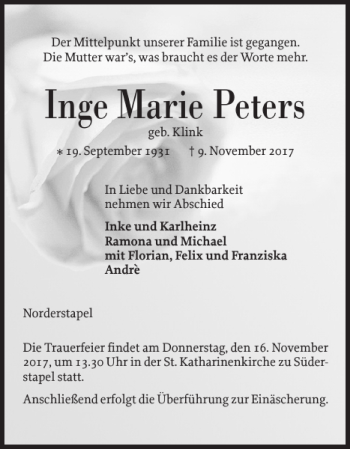 Traueranzeige von Inge Marie Peters von Husumer Nachrichten