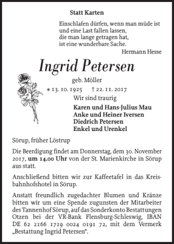 Traueranzeige von Ingrid Petersen von Flensburger Tageblatt