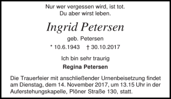 Traueranzeige von Ingrid Petersen von Holsteinischer Courier