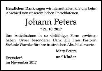 Traueranzeige von Johann Peters von Norddeutsche Rundschau