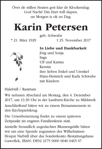 Traueranzeige von Karin Petersen von Husumer Nachrichten