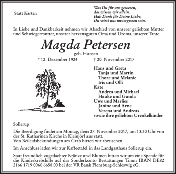 Traueranzeige von Magda Petersen von Flensburger Tageblatt