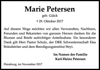 Traueranzeige von Marie Petersen von Flensburger Tageblatt