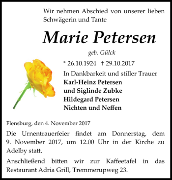 Traueranzeige von Marie Petersen von Flensburger Tageblatt