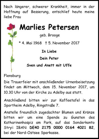 Traueranzeige von Marlies Petersen von Flensburger Tageblatt