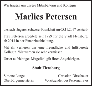 Traueranzeige von Marlies Petersen von Flensburger Tageblatt