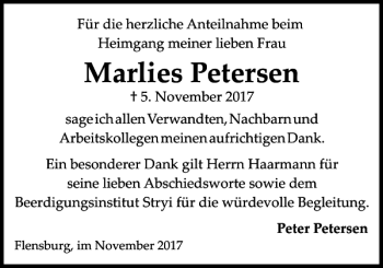 Traueranzeige von Marlies Petersen von Flensburger Tageblatt