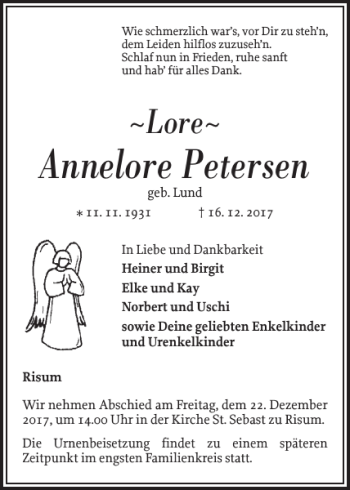 Traueranzeige von Annelore Petersen von Nordfriesland Tageblatt