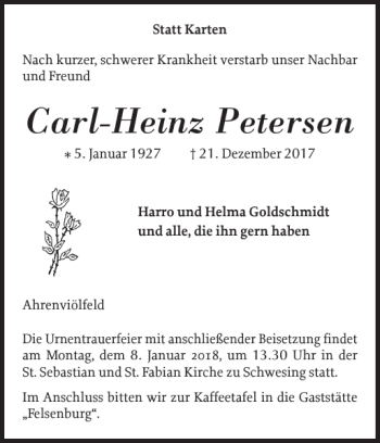 Traueranzeige von Carl-Heinz Petersen von Husumer Nachrichten