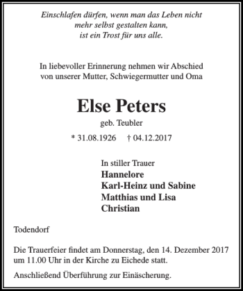 Traueranzeige von Else Peters von Stormarner Tageblatt