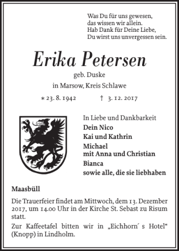 Traueranzeige von Erika Petersen von Nordfriesland Tageblatt