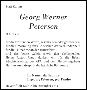 Traueranzeige von Georg Werner Petersen von Flensburger Tageblatt