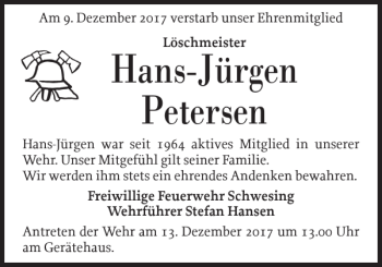 Traueranzeige von Hans-Jürgen Petersen von Husumer Nachrichten