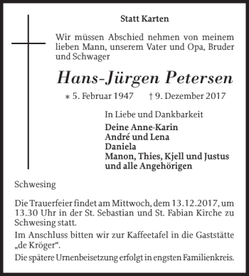 Traueranzeige von Hans-Jürgen Petersen von Husumer Nachrichten