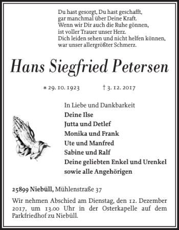 Traueranzeige von Hans Siegfried Petersen von Nordfriesland Tageblatt