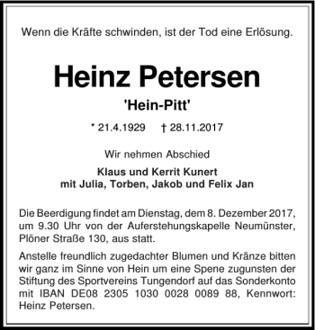 Traueranzeige von Heinz Petersen von Holsteinischer Courier