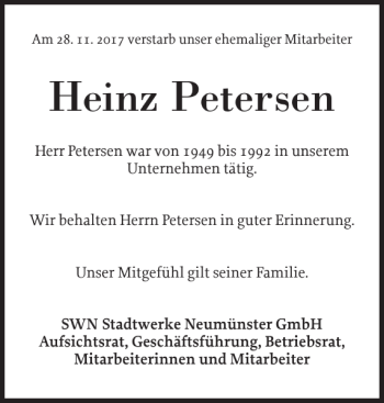 Traueranzeige von Heinz Petersen von Holsteinischer Courier