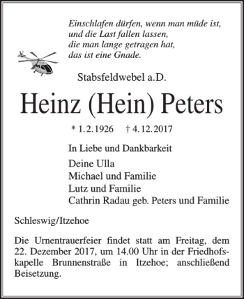 Traueranzeige von Heinz Hein Peters von Norddeutsche Rundschau