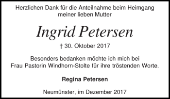 Traueranzeige von Ingrid Petersen von Holsteinischer Courier