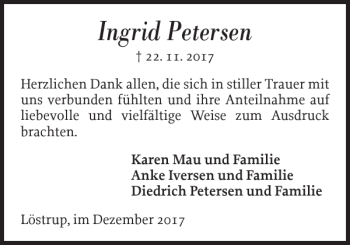 Traueranzeige von Ingrid Petersen von Flensburger Tageblatt