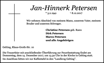 Traueranzeige von Jan-Hinnerk Petersen von Flensburger Tageblatt