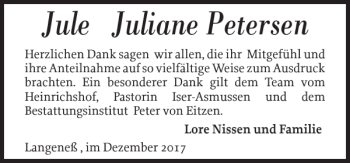 Traueranzeige von Jule Juliane Petersen von Husumer Nachrichten