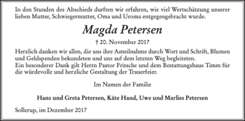 Traueranzeige von Magda Petersen von Flensburger Tageblatt
