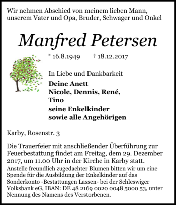 Traueranzeige von Manfred Petersen von Schlei-Bote