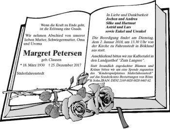 Traueranzeige von Margret Petersen von Schleswiger Nachrichten
