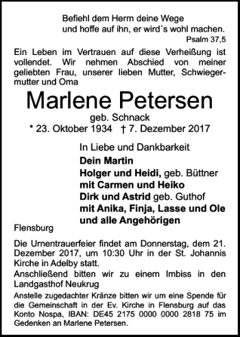 Traueranzeige von Marlene Petersen von Flensburger Tageblatt