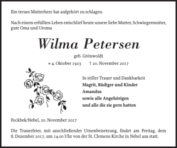 Traueranzeige von Wilma Petersen von Der Insel-Bote