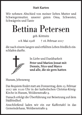 Traueranzeige von Bettina Petersen von Husumer Nachrichten