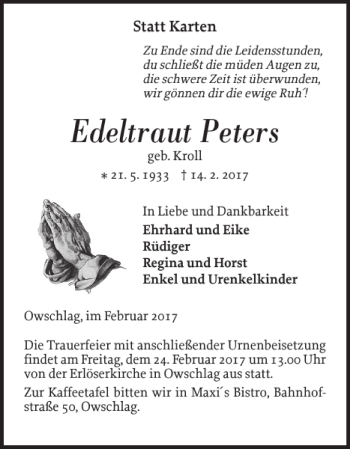 Traueranzeige von Edeltraut Peters von Landeszeitung