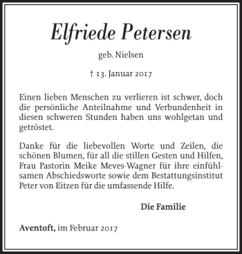 Traueranzeige von Elfriede Petersen von Nordfriesland Tageblatt