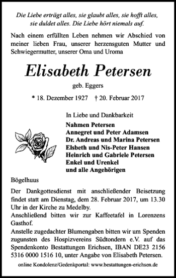 Traueranzeige von Elisabeth Petersen von Flensburger Tageblatt
