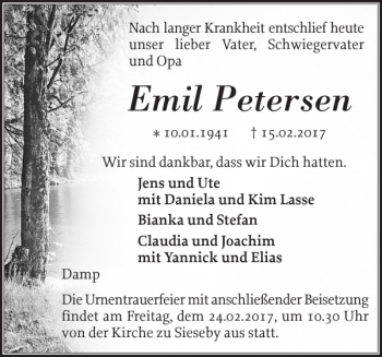 Traueranzeige von Emil Petersen von Eckernförder Zeitung