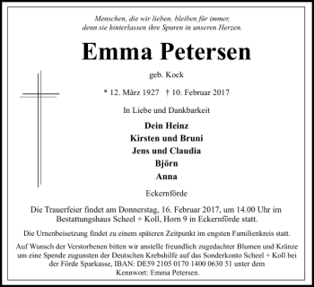 Traueranzeige von Emma Petersen von Eckernförder Zeitung