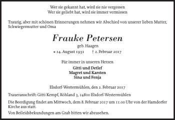 Traueranzeige von Frauke Petersen von Landeszeitung
