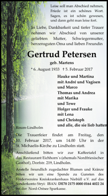 Traueranzeige von Gertrud Petersen von Flensburger Tageblatt