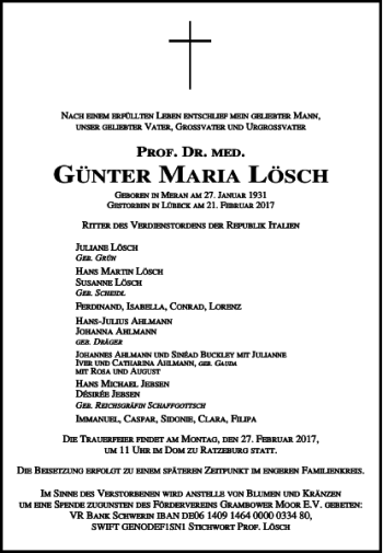 Traueranzeige von Günter maria Lösch von Landeszeitung