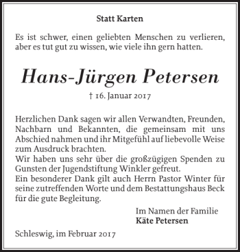 Traueranzeige von Hans-Jürgen Petersen von Schleswiger Nachrichten