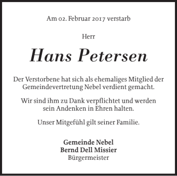 Traueranzeige von Hans Petersen von Der Insel-Bote