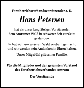 Traueranzeige von Hans Petersen von Der Insel-Bote