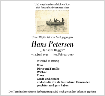 Traueranzeige von Hans Petersen von Der Insel-Bote