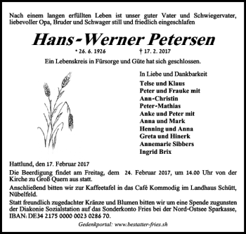 Traueranzeige von Hans-Werner Petersen von Flensburger Tageblatt